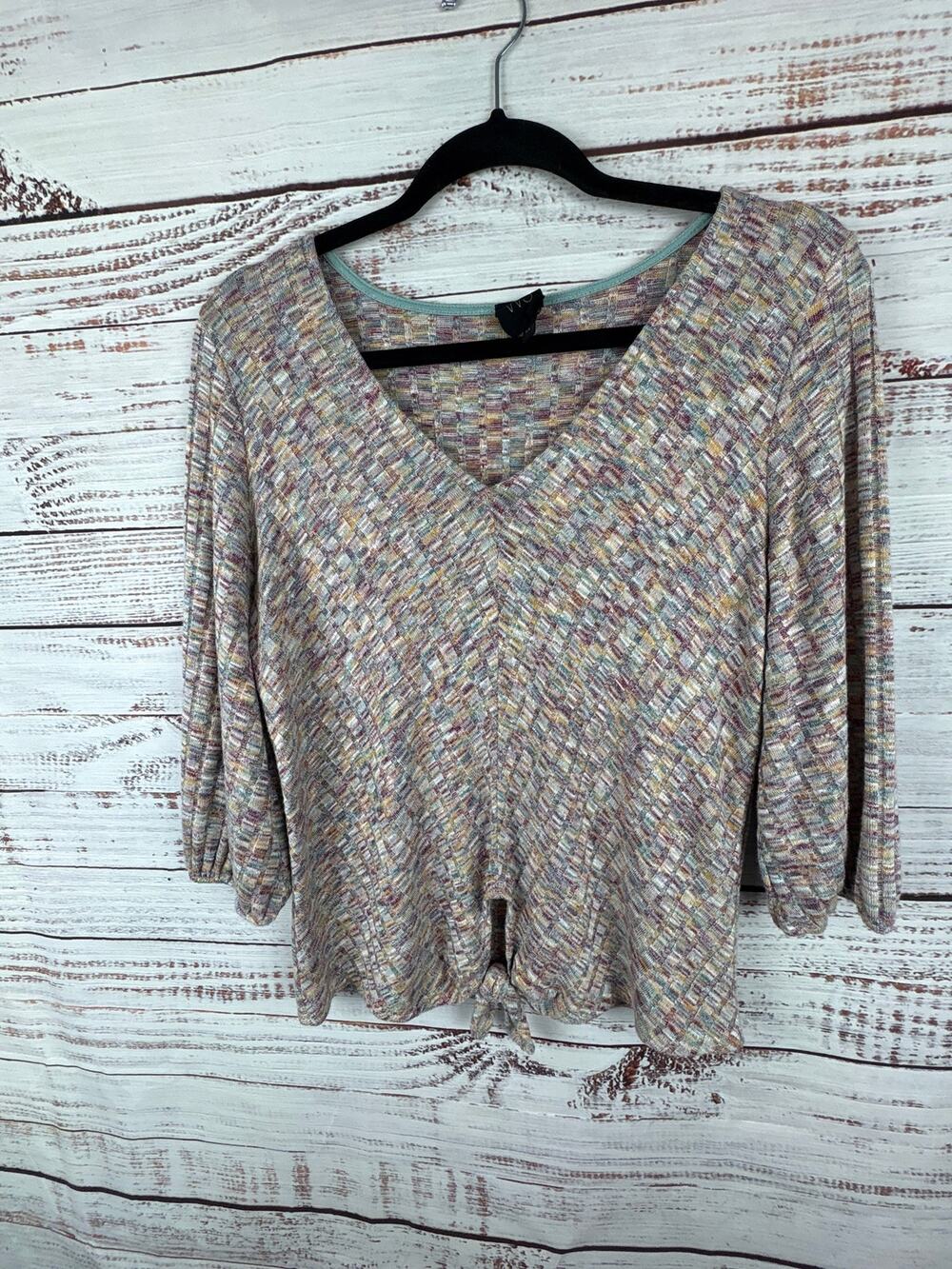 W5 V-Neck Multi Color Heathered Knit 3/4 Sleeve Top Tie Waist Stretch Womens M